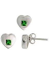 Sterling Silver Matte-finish Heart Earrings (8mm tall) & Pendant Slide (9mm tall) Set, w/ Princess Cut Emerald-colored CZ Stones