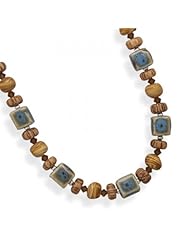 MMA Silver - 17 inch+2 inchExtension Glass and Wood Bead Necklace