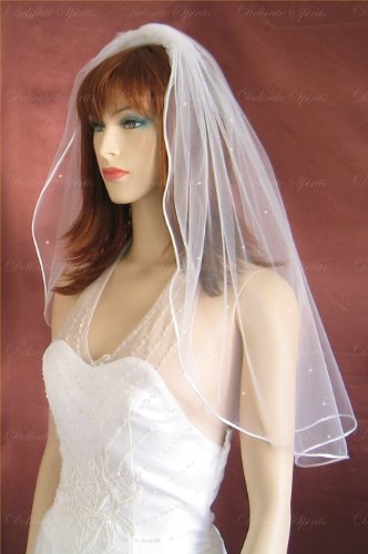 1 Tier White Shoulder Length Pencil Edge Scattered Rhinestone Wedding Bridal Veil