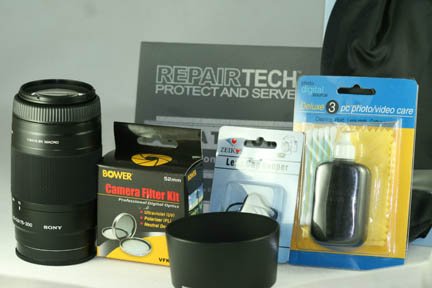 SONY AF Zoom 75-300mm f / 4.5-5.6 Telephoto Lens kit With 2X Tele Converter 150-600mm Auto Focus and Set of 3 Filters , Case , Hood , Cleaning kit , Cap keeper , Two Years Extended Warranty