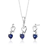 Sterling Silver Heart Shape Sapphire Pendant Earrings and 18 inch Necklace Set