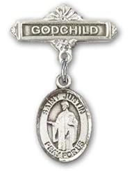 Sterling Silver Baby Badge with St. Justin Charm and Godchild Badge Pin