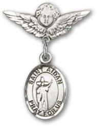 Sterling Silver Baby Badge with St. Aidan of Lindesfarne Charm and Angel with Wings Badge Pin