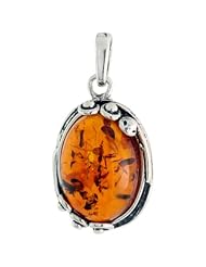 Sterling Silver Oval Russian Baltic Amber Pendant w/ Beads, w/ 18x12mm Oval-shaped Cabochon Cut Stone, 1" (26mm) tall