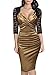 Miusol Women's Deep-V Neck Ruffles Floral Lace Fitted Retro Evening Pencil Dress (Small, Golden)