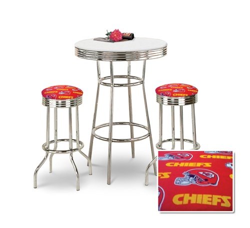 Chrome Bar Table & 2 Chrome Kansas City Chiefs NFL Fabric Seat Barstools