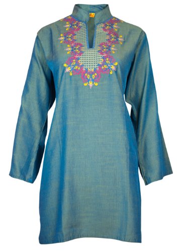 Starlite-Ladies-Indian-Embroidered-Long-Sleeve-TURQUOISE BLUE-Kurta / Kurti-Tops- - Sizes Small - XX-Large