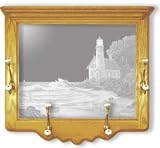 Wall Mounted Etched Mirror Coat Rack - Lighthouse Art Etching - Solid Oak, Hand-Rubbed Finish