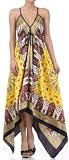 FOHandkerchiefC-908 Silk Feel Handkerchief Hem Criss Cross Back Adjustable Maxi / Long Dress - Gold / Red (One Size Fits Most)
