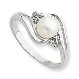 Sterling Silver Rhodium 6mm Fw Cult Button Pearl & Diamond Ring