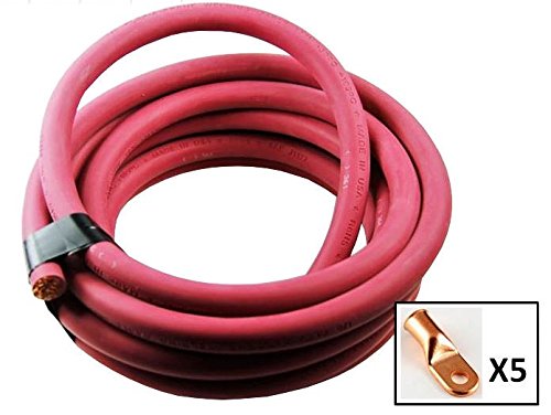 Crimp Supply Ultra-Flexible Car Battery/Welding Cable - 2/0 Gauge, Red - 20 Feet - and 5 Copper Lugs