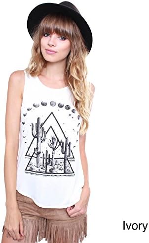 Junior's Cactus & Moon Graphic Tank Top NFT-1975-49,IVORY,S