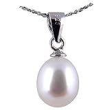 AugustinaJewelry Freshwater Cultured Oval Shape 7-8mm White Pearl Pendant, 16" Sterling Silver 1MM Cable Chain