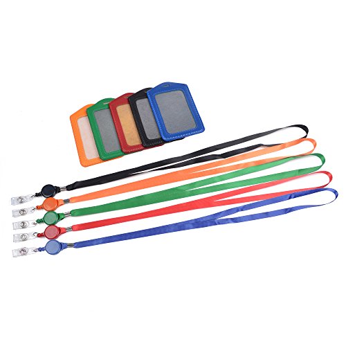 KLOUD City® 5 Pcs Vertical Style Black Leather Business ID Badge Card Holder with 5 Pcs Retractable Lanyard Neck Strap Band(Style 1)