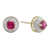 10k Yellow Gold, July Birthstone, Lab Created Ruby and Diamond Earrings
