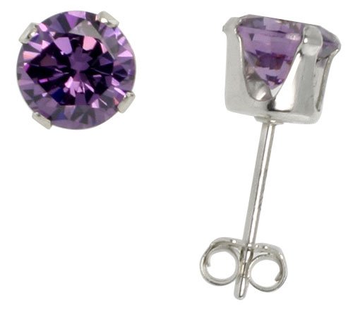 1.0 Carat size Brilliant Cut Amethyst colored Sterling Silver Cubic Zirconia Stud Earring