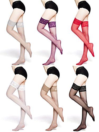 MOOCHI Women 20 Denier Ultra Sheer Thigh High Stockings with Silicone Lace Top