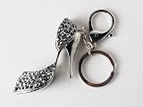 Silver Tone Dark Grey Crystal Rhinestone Lady Stiletto Heel Shoe Hook Keychain