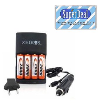 Rapid Charger with 4 2900 mAH AA Batteries For The Nikon Coolpix L100 Digital Camera and Complimentary FREE Exclusive Super Deal Micro Fiber Cleaning Cloth