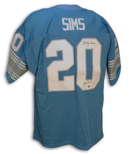 Billy Sims Autographed Blue Throwback Jersey with ''ROY 80'' Inscription