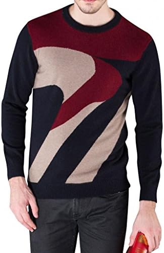 FOUQ Men's Round Collar Pullover Mink Cashmere Winter Slim Sweater Black+Navy L