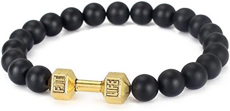 Dilusso Mens Womens Matte Onyx Dumbbell Bracelet Energy Stone Bracelet Healing Balancing Beads - Gold