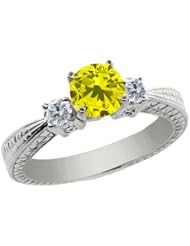 1.00 Ct Round Canary and G/H Diamond 18K White Gold 3-Stone Ring