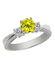 1.00 Ct Round Canary and G/H Diamond 925 Sterling Silver 3-Stone Ring