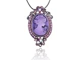 Dark Purple Crystal Vintage Tone Brass Cameo Lady Maiden Pendant Choker Necklace