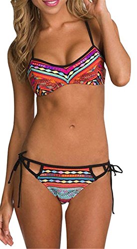 EVALESS Women Push Up Padded Ethnic Printed Strappy Raceback Bikini Swimsuit(FBA)