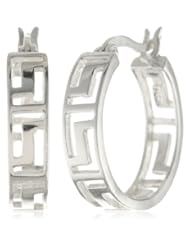 Sterling Silver Tarnish-Free Greek Key Small Cut-Out Hoop Earrings (0.8" Diameter)