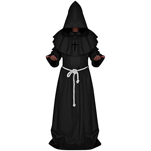 LETSQK Men's Friar Medieval Hooded Monk Priest Robe Tunic Halloween Cosplay Costume