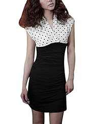 V-neck Dots Print Shirred Cotton/Polyester Short Sleeves Sleeveless Mini Dress 
