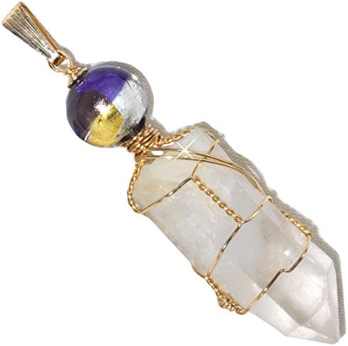 White Phantom Quartz Wire Wrap Pendant in 14k GF w/ Venetian Glass Bead, Talking Crystal By Puppylove