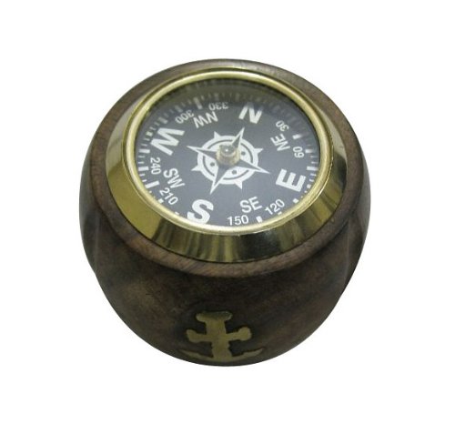 Brass Compass in Wooden Housing with Anchor Detail