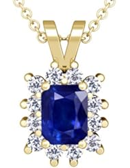 14K Yellow Gold Emerald Cut Blue Sapphire And Round Diamond Pendant