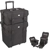26.5 inch 2 in 1 Black Soft High Quality Nylon Professional Artist Rolling Wheeled Trolley Makeup Train Case Cosmetic Organizer w/Shoulder Straps