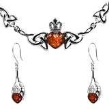 Baltic Honey Amber and Sterling Silver Claddagh Dangling Earrings and Necklace Set, 18