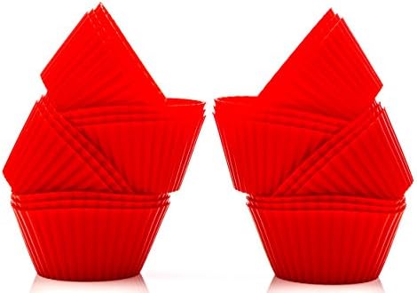 Silicone Baking Cups - 24 Cupcake Liners By purpledink - Lifetime Guarantee - Reusable Bakeware (Red)