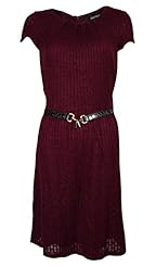 Acrylic/Wool Cocktail Above the Knee Sweater Sheath Belted Short Sleeves Mini Dress 