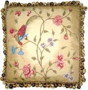 Red and Blue Pheonix and Plum Needlepoint Toss Pillow