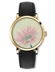 SPRAWL Aanalog Fashion Series Gold Ladies Watches of Genuine Black Leather Strap,Unique Wrist Watch for Women Girls Designed with pink daisy