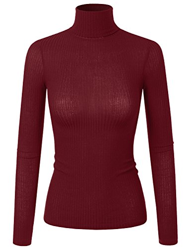 Doublju Womens Long Sleeve Thin Ribbed Knit Turtleneck Top (Made In USA)