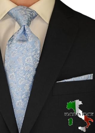 Berioni Hand Made in Italy 100% Woven Silk Mens Neck Tie + Pocket Square Jacquard Woven Tie and Hanky Set Blue White R4