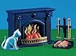 Lit Fireplace with Accessories