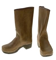 Berlin-Clogs Glattleder Stiefel - mit Holzsohle , Farbe: olive-braun