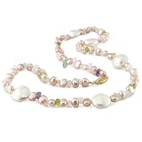 Semi-Round Shape Pearl and Multi-Shaped Gem Necklace with 14k Fisheye Hook, 18