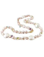 Semi-Round Shape Pearl and Multi-Shaped Gem Necklace with 14k Fisheye Hook, 18"