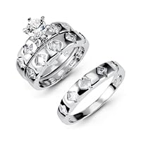 New 925 Silver White CZ Matching Wedding Band Ring Set