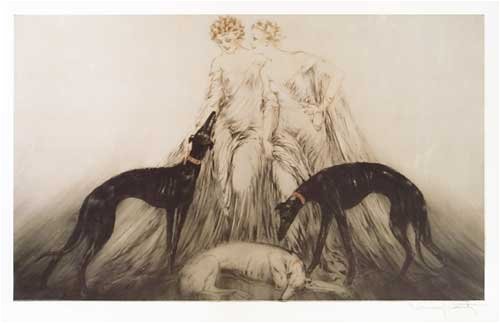 Louis Icart 2 Women with dogs Art Deco Fine Art Print Poster